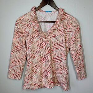 J McLaughlin Top Womens XS Pink Beige Durham Ruffle Neck Catalina Cloth Preppy